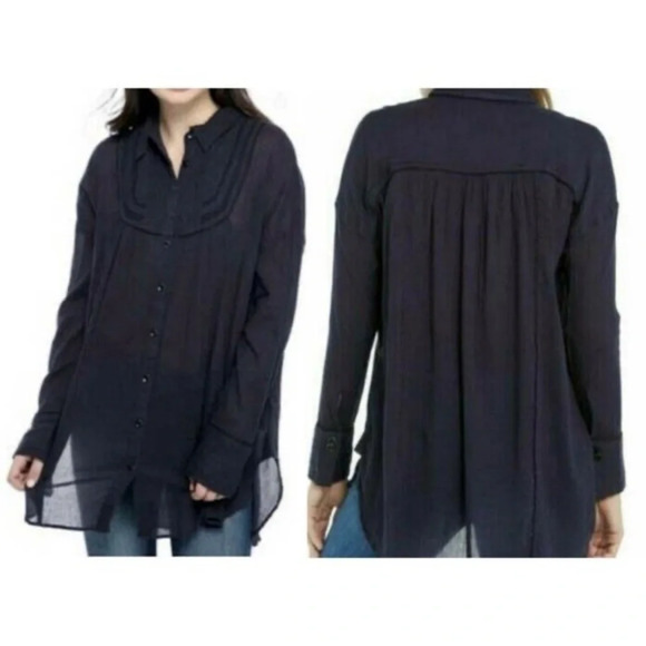 NWT Free People Midnight Navy Amore Gauze Button Down Shirt Size Small - Picture 9 of 13